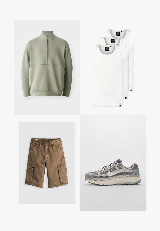 Šviesiai žalias, ilgos rankovės megztinis su aukšta apykakle ir pusiau užtrauktuku. Minkšta tekstūra su horizontalia siūle per krūtinę.; Trys balti, dryžuoti marškiniai be rankovių, pagaminti iš medvilnės. Yra apvalus kaklas ir maži juodi etiketės netoli siūlės. Siūlomi įvairių dydžių.; Rudos krovininės šortai, pagaminti iš medvilnės, su dviem šoninėmis kišenėmis su dangteliais, sagčiuku užsegamu liemeniu ir laisvu siluetu. Lygus paviršius.; Pilkas sportinis batas su tinklu ir zomšos viršutine dalimi, baltomis detalėmis, paminkštintu padu ir išskirtiniu dizainu su atspindinčiais elementais.