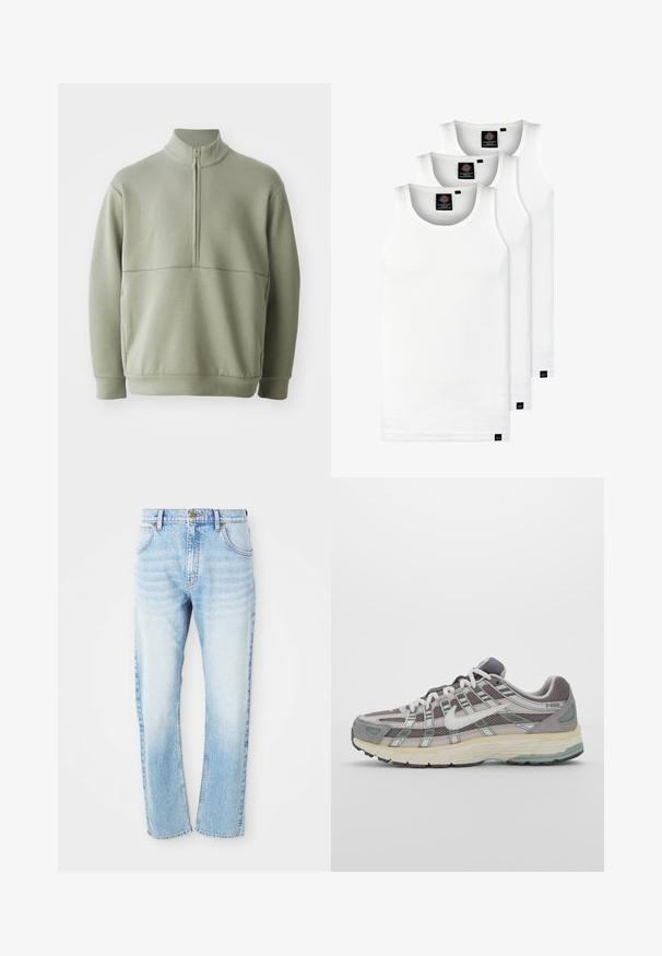 Heledad rohelise, pika varrukaga kootud särk kõrge kraega ja pooltaskuga. Pehme tekstuur, millel on horisontaalne õmbluse detail rinnaosas.; Kolm valget ribaga t-särki, mis on valmistatud puuvillast. Omavad ümmargust kaelanõhku ja väikseid musti silte hemme lähedal. Saadaval erinevates suurustes.; Heledad sinine sirgjooneline teksapüksid ees taskutega, vöökummidega ja nööpkinni panevaga.; Hallus hallitus jalanõud, millel on võrgust ja sametist ülemine osa, valged rõhutused, pehme tald ning eristuv disain peegelduvate elementidega.