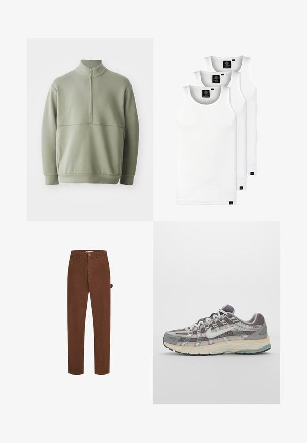 Lichtgroene, langslijve pullover met een hoge kraag en een halve rits. Zachte textuur met een horizontale naaddetails over de borst.; Drie witte geribde tanktops van katoen. Kenmerken zijn een ronde hals en kleine zwarte labels nabij de zoom. Verkrijgbaar in meerdere maten.; Bruine corduroy broek met een rechte snit, een sluiting met knopen aan de voorkant en een enkel zijlusdetail. De stof heeft een zachte, gem Texturiseerde oppervlakte.; Grijze sportieve schoen met een bovenwerk van mesh en suede, witte accenten, een gevoerde zool en een onderscheidend ontwerp met reflecterende elementen.