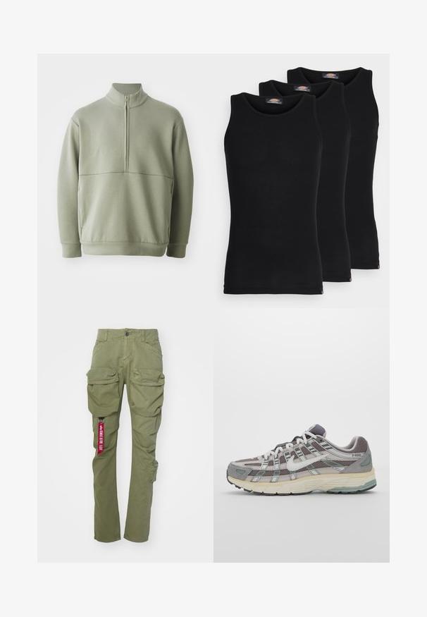 Lichtgroene, langslijve pullover met een hoge kraag en een halve rits. Zachte textuur met een horizontale naaddetails over de borst.; Zwarte tanktops in een verpakking van drie. Ribbelstructuur, standaard ronde halslijn, zonder mouwen. De zoom is voorzien van een klein merkembleem aan de onderkant.; Alpha Industries TACTICAL PANT - Cargobroek - olive; Grijze sportieve schoen met een bovenwerk van mesh en suede, witte accenten, een gevoerde zool en een onderscheidend ontwerp met reflecterende elementen.