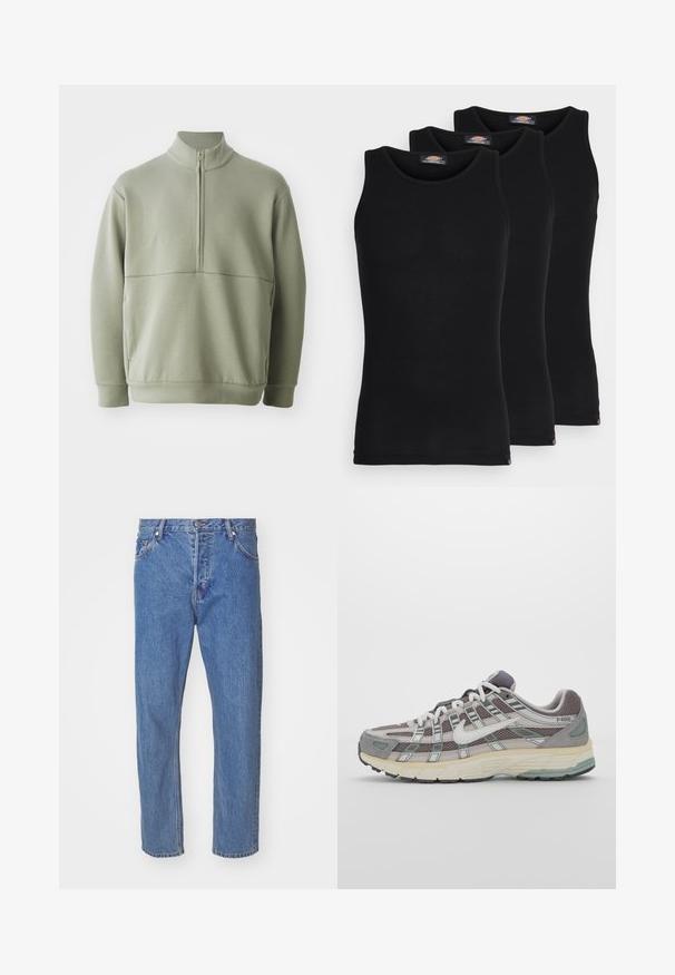 Pull vert clair à manches longues avec un col montant et une fermeture éclair mi-longue. Texture douce avec un détail de couture horizontale sur la poitrine.; Débardeurs noirs vendus par pack de trois. Texture côtelée, encolure ras du cou standard, sans manches. L'ourlet présente un petit logo de la marque en bas.; Jean en denim bleu avec une coupe droite, dotée d'une fermeture éclair, de cinq poches et de détails de décoloration subtils. Ajustement classique à taille moyenne.; Chaussure de sport grise avec une tige en mesh et en daim, accents blancs, semelle rembourrée et un design distinctif avec des éléments réfléchissants.