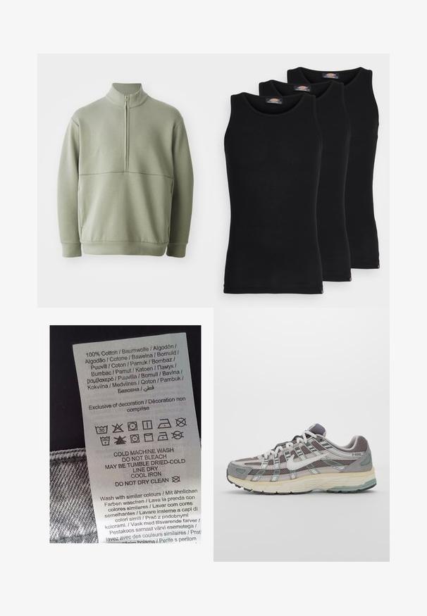 Világos zöld, hosszú ujjú pulóver magas gallérral és fél cipzárral. Puha tapintású, a mellkas fölött vízszintes varrási részlettel.; Fekete ujjatlan trikók három darabos kiszerelésben. Bordás textúra, klasszikus kerek nyakkivágás. Az alján kis márkajelzés található.; Fehér ápolási címke fekete szöveggel, amely több nyelven felsorolja az ápolási instrukciókat. Tartalmazza a mosásra, szárításra és vasalásra vonatkozó szimbólumokat. 100% pamut.; Szürke sportcipő, hálós és velúr felsőrésszel, fehér részletekkel, párnázott talppal és jellegzetes dizájnnal, amely visszaverő elemeket tartalmaz.