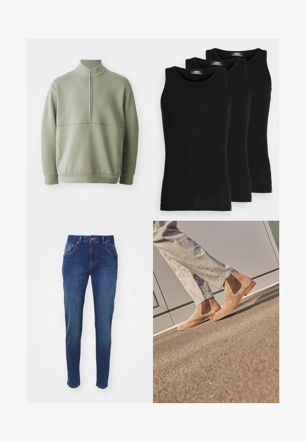 Ljusgrön, långärmad tröja med hög krage och halvmått. Mjuk textur med en horisontell sömdetalj över bröstet.; Svarta linnen i ett paket med tre. Ribbad textur, standard rund halsringning, utan ärmar. Nederkant med liten logotyp i botten.; Mörkblå denimjeans med rak benform, femficksstil och kopparknappsstängning. Ljus slitage ger textur.; Bruna mocka Chelsea-boots med elastiska sidopaneler och en slät ljusbrun gummisula, parat med ljusgrå byxor på en texturerad yta.