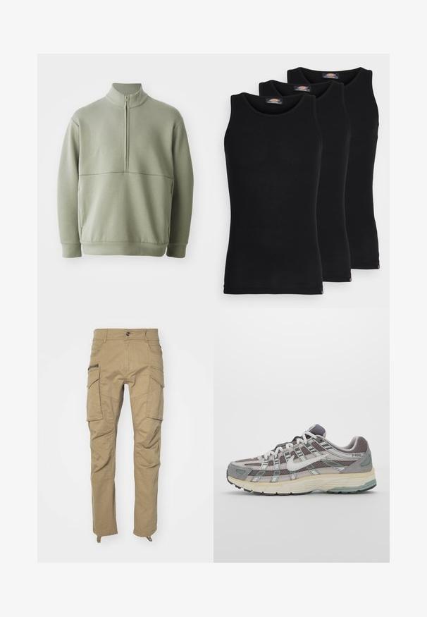 Light green, long-sleeve pullover with a high collar and half zipper. Soft texture with a horizontal seam detail across the chest.; Black tank tops in a pack of three. Ribbed texture, standard crew neckline, no sleeves. Hem features small brand logo at the bottom.; Khaki cargo pants with multiple side pockets, button waist, tapered legs, and soft, durable fabric. Reinforced stitching throughout.; Gray athletic shoe featuring a mesh and suede upper, white accents, a cushioned sole, and a distinctive design with reflective elements.