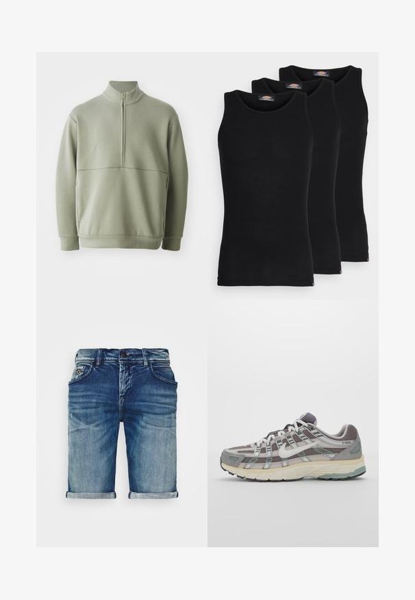 Ljusgrön, långärmad tröja med hög krage och halvmått. Mjuk textur med en horisontell sömdetalj över bröstet.; Svarta linnen i ett paket med tre. Ribbad textur, standard rund halsringning, utan ärmar. Nederkant med liten logotyp i botten.; Jeansshorts i medelblått med en lätt slitning. Har vänd cuffs, femfickorsdesign och en metallknappstängning.; Grå atletiska sko med en överdel av mesh och mocka, vita accenter, en vadderad sula och en unik design med reflekterande element.