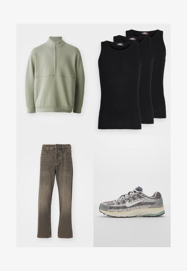 Pull vert clair à manches longues avec un col montant et une fermeture éclair mi-longue. Texture douce avec un détail de couture horizontale sur la poitrine.; Débardeurs noirs vendus par pack de trois. Texture côtelée, encolure ras du cou standard, sans manches. L'ourlet présente un petit logo de la marque en bas.; Jeans en denim marron avec une coupe droite, présentant une texture décolorée, un style traditionnel à cinq poches et une fermeture à bouton en métal.; Chaussure de sport grise avec une tige en mesh et en daim, accents blancs, semelle rembourrée et un design distinctif avec des éléments réfléchissants.