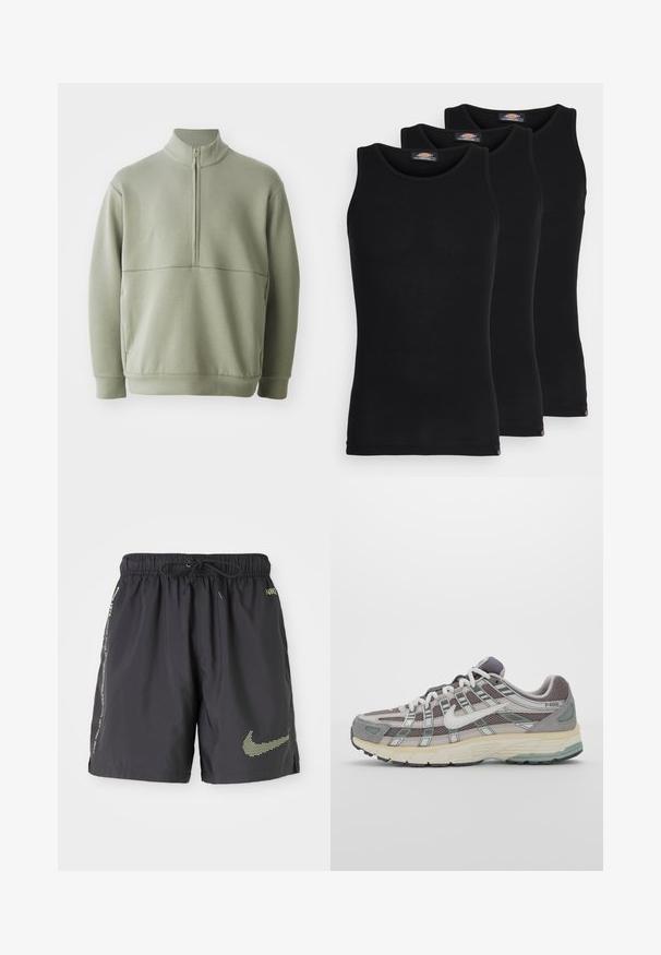 Ljusgrön, långärmad tröja med hög krage och halvmått. Mjuk textur med en horisontell sömdetalj över bröstet.; Svarta linnen i ett paket med tre. Ribbad textur, standard rund halsringning, utan ärmar. Nederkant med liten logotyp i botten.; Svarta lätta badshorts med elastisk midja, snörning och neonyellow Nike-logotyp. Har sidofickor och reflektiva detaljer.; Grå atletiska sko med en överdel av mesh och mocka, vita accenter, en vadderad sula och en unik design med reflekterande element.