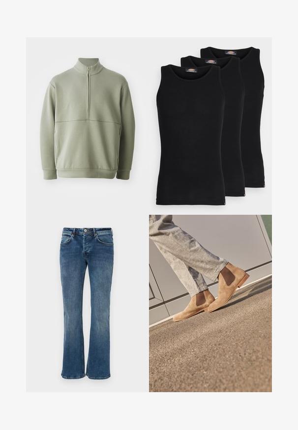 Light green, long-sleeve pullover with a high collar and half zipper. Soft texture with a horizontal seam detail across the chest.; Black tank tops in a pack of three. Ribbed texture, standard crew neckline, no sleeves. Hem features small brand logo at the bottom.; Denim flared jeans in medium blue. Features a classic five-pocket design, subtle fading, and a zip fly with a button closure.; Brown suede Chelsea boots with elastic side panels and a smooth tan rubber sole, paired with light gray trousers on a textured surface.