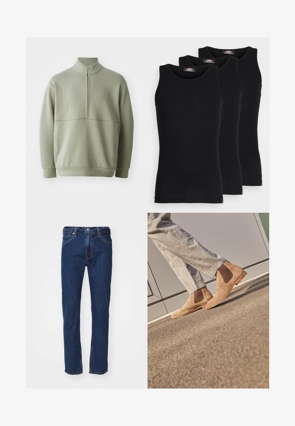 Svijetlozelena, dugosveđena majica s visokim ovratnikom i polu-zipperom. Mehak materijal s horizontalnom šavom preko prsa.; Crne majice na naramenice u pakiranju od tri komada. Rebrasta tekstura, standardni okrugli izrez, bez rukava. Rub sadrži mali logo brenda na dnu.; Tamno plave traperice ravnog kroja s narančastim šavovima, dugmetastim patentnim zatvaračem i klasičnim dizajnom s pet džepova.; Smeđe nubuk Chelsea čizme s elastičnim bočnim panelima i glatkim svijetlosmeđim gumenenim potplatom, uparenim s svijetlosivim hlačama na teksturiranoj površini.