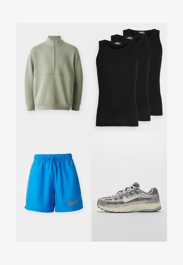 Jasnozielony, długi sweter z długim rękawem, o wysokim kołnierzu i pół-zamkiem. Miękka tekstura z poziomym szwem na wysokości klatki piersiowej.; Czarne koszulki na ramiączkach w zestawie trzech sztuk. Wyróżniają się żebrową fakturą, standardowym okrągłym dekoltem, bez rękawów. Na dole widoczna mała logo marki.; Niebieskie szorty wykonane z lekkiego materiału z elastycznym pasem i sznurkiem. Ozdobione nadrukowanym pomarańczowym logo Nike.; Szare buty sportowe z siateczkowym i zamszowym wierzchem, białymi akcentami, amortyzowaną podeszwą oraz charakterystycznym designem z elementami odblaskowymi.