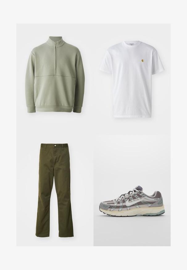 Pull vert clair à manches longues avec un col montant et une fermeture éclair mi-longue. Texture douce avec un détail de couture horizontale sur la poitrine.; T-shirt en coton blanc à manches courtes, col rond, avec un petit logo doré sur la poitrine gauche. Texture douce et coupe régulière.; Pantalons en coton vert olive avec une coupe droite. Dotés d'une fermeture à bouton à l'avant et d'un style classique à cinq poches.; Chaussure de sport grise avec une tige en mesh et en daim, accents blancs, semelle rembourrée et un design distinctif avec des éléments réfléchissants.