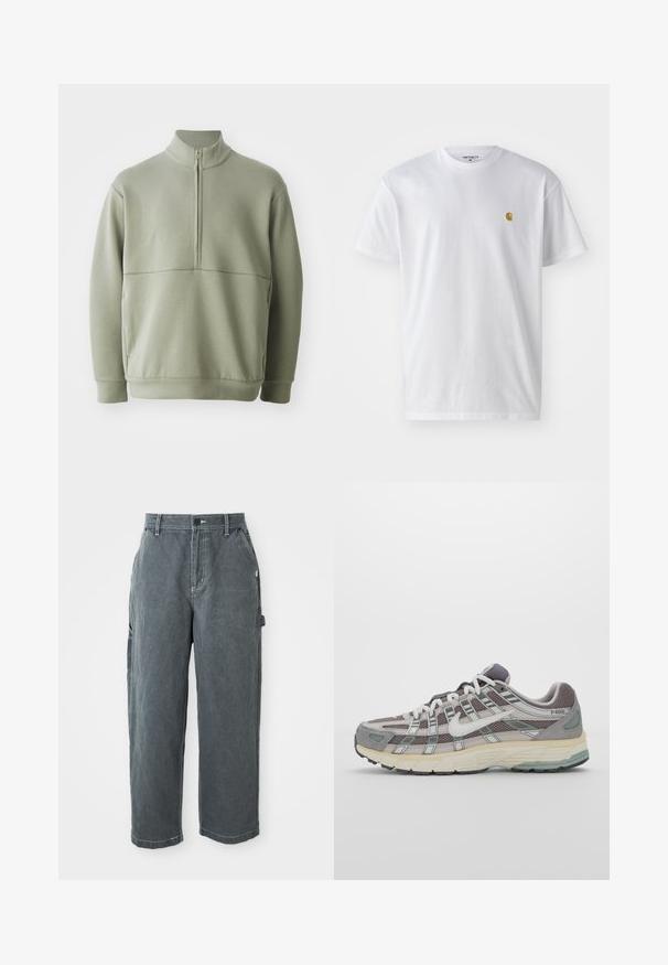 Lys grønn, langermet genser med høy krage og halv glidelås. Myk tekstur med horisontal sømdetalj over brystet.; Hvit bomull t-skjorte med korte ermer, rund hals, med en liten gulllogo på venstre brystområde. Myk tekstur og vanlig passform.; Mørkegrå arbeidssbukser med rette ben, beltehemper, knapp og glidelås foran, sidelommer og en hammerløkke på høyre bein.; Grå treningssko med overdel i nett og semsket skinn, hvite detaljer, en polstret såle, og et særpreget design med reflekterende elementer.