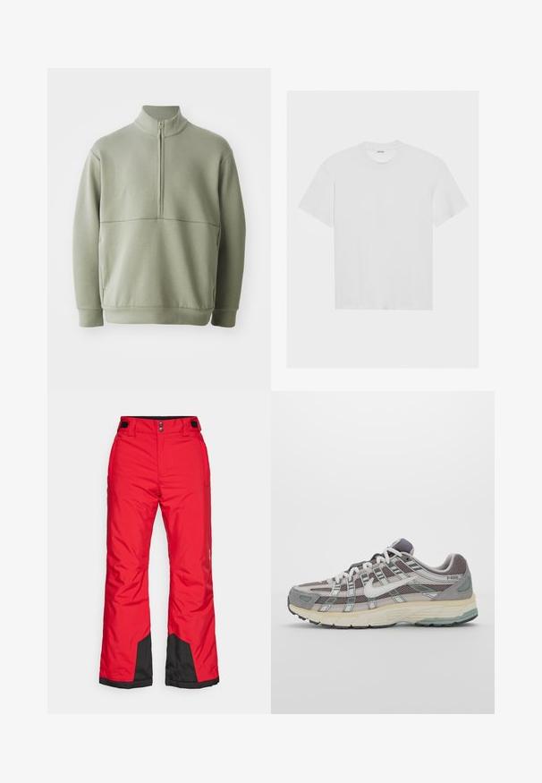Pullover verde claro de mangas longas com colarinho alto e fecho de correr de meio comprimento. Textura suave com um detalhe de costura horizontal na zona do peito.; T-shirt de algodão branco com mangas curtas, decote redondo e um corte relaxado. Textura suave e sem padrões ou detalhes visíveis.; Calças de esqui impermeáveis vermelhas com um painel inferior preto, cintura ajustável e dois bolsos laterais; feitas de um material suave e durável.; Sapatilha atlética cinza com parte superior em malha e camurça, detalhes brancos, sola acolchoada e um design distinto com elementos refletivos.