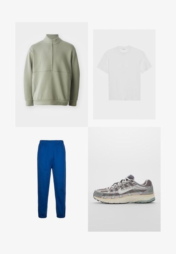 Svetlo zeleni pulover z dolgimi rokavi, visokim ovratnikom in polnim zadrgo. Mehak material z vodoravno šivano podrobnostjo čez prsi.; Bela bombažna majica s kratkimi rokavi, krožnim izrezom in sproščenim fitom. Gladka tekstura brez vidnih vzorcev ali akcentov.; Modre trenirke iz mehkega blaga, z elastičnim pasom in ožjimi hlačnicami z elastičnimi manšetami pri gležnjih.; Sive športne čevlje z zgornjim delom iz mrežastega in semiš materiala, belimi akcenti, oblazinjenim podplatom ter edinstvenim dizajnom z odsevnimi elementi.