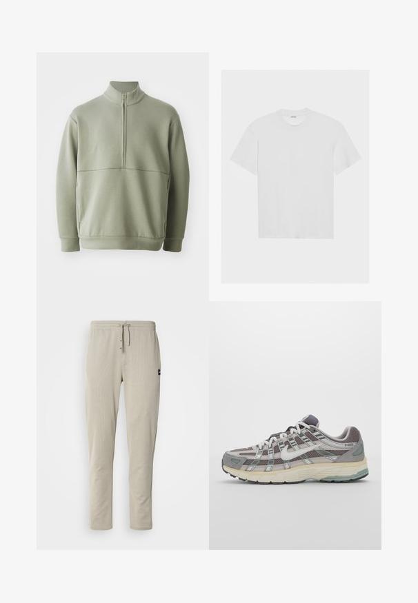 Svetlo zeleni pulover z dolgimi rokavi, visokim ovratnikom in polnim zadrgo. Mehak material z vodoravno šivano podrobnostjo čez prsi.; Bela bombažna majica s kratkimi rokavi, krožnim izrezom in sproščenim fitom. Gladka tekstura brez vidnih vzorcev ali akcentov.; Bež jogger hlače iz mehkega materiala, z elastičnim pasom, vrvico in dvema sprednjima žepoma. Minimalistična zasnova s stranskimi šivi.; Sive športne čevlje z zgornjim delom iz mrežastega in semiš materiala, belimi akcenti, oblazinjenim podplatom ter edinstvenim dizajnom z odsevnimi elementi.