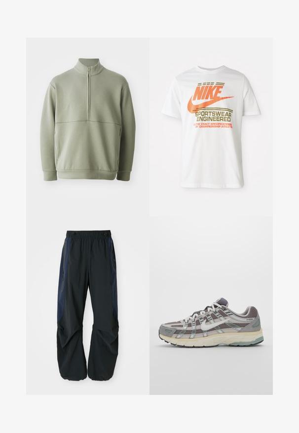 Light green, long-sleeve pullover with a high collar and half zipper. Soft texture with a horizontal seam detail across the chest.; White cotton t-shirt featuring a large orange "NIKE" logo and green text that reads "SPORTSWEAR ENGINEERED" and additional specifications.; Black outdoor pants with a relaxed fit, featuring elastic waistband, navy side panels, and zippered pockets on both sides.; Gray athletic shoe featuring a mesh and suede upper, white accents, a cushioned sole, and a distinctive design with reflective elements.