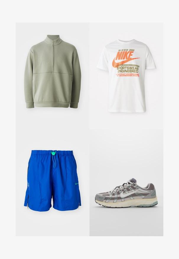 Suéter de manga larga verde claro con un cuello alto y media cremallera. Textura suave con un detalle de costura horizontal en el pecho.; Camiseta de algodón blanca con un gran logo naranja de "NIKE" y texto verde que dice "SPORTSWEAR ENGINEERED" junto con especificaciones adicionales.; Pantalones de baño deportivos azules con cintura elástica y cordón ajustable. Cuenta con bolsillos con cremallera y un acento de logo en la parte delantera.; Zapatilla deportiva gris con parte superior de malla y ante, acentos blancos, suela acolchada y un diseño distintivo con elementos reflectantes.