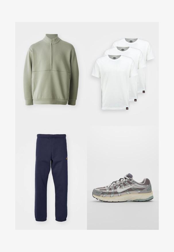 Lichtgroene, langslijve pullover met een hoge kraag en een halve rits. Zachte textuur met een horizontale naaddetails over de borst.; Drie eenvoudige witte katoenen T-shirts met korte mouwen. Elk shirt heeft een ronde halslijn en een klein zwart logo-label aan de linkerkant.; Marineblauwe joggingbroek met een elastische tailleband, ribbelmanchetten en een klein logo aan de linkerkant. Gemaakt van een zachte, rekbare stof.; Grijze sportieve schoen met een bovenwerk van mesh en suede, witte accenten, een gevoerde zool en een onderscheidend ontwerp met reflecterende elementen.