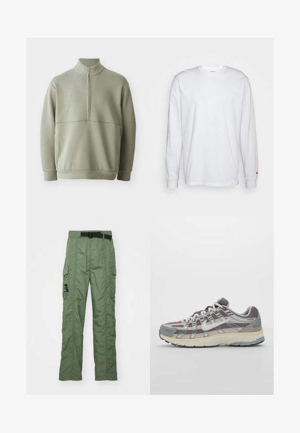 Gaiši zaļš, garām piedurknēm, džemperis ar augstu apkakli un pusi rāvējslēdzēju. Mīksta tekstūra ar horizontālu šuvju detaļu krūšu rajonā.; Balta garām piedurknēm T-kreklā, kas izgatavots no kokvilnas. Arapa kakla dizains ar ribotām aprocēm un mazu logotipu uz kreisās piedurknes. Gluda tekstūra.; Olīvu krāsas kravas bikses, izgatavotas no viegla auduma. Tām ir melna josta, sānu kabatas un šuvuma detaļas.; Pelēkie sporta apavi ar tīkla un zamša augšdaļu, baltiem akcentiem, mīkstinātu zoli un izcilu dizainu ar atstarotājiem.