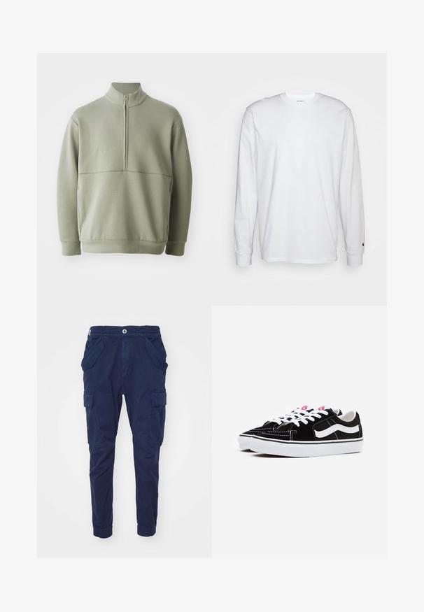 Svetlo zeleni pulover z dolgimi rokavi, visokim ovratnikom in polnim zadrgo. Mehak material z vodoravno šivano podrobnostjo čez prsi.; Bela dolgimi rokavi majica iz bombaža. Oblika s krožnim izrezom z rebrastimi manšetami in majhnim logotipom na levi rokavu. Gladka tekstura.; Mornarska cargo hlače iz bombaža z elastiko v pasu, dvema stranskima žepoma in cargo žepi na vsaki nogi. Ožji kroj pri gležnjih.; Črne zamšene superge z belimi vezalkami, ki imajo izrazit bel stranski trak in črno gumijasto podplat, ter prikazujejo podrobnosti kontrastnega šivanja.