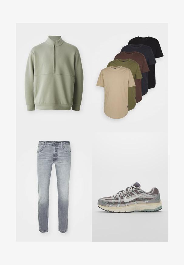 Heledad rohelise, pika varrukaga kootud särk kõrge kraega ja pooltaskuga. Pehme tekstuur, millel on horisontaalne õmbluse detail rinnaosas.; Viis t-särki, mis on paigutatud gradatsioonivärvides: beež, oliiviroheline, pruun, tume sinine ja must. Valmistatud pehmest puuvillast, lühikeste varrukatega ja ümarate kaelustega.; Hallide denim püksid kergelt pleekimisega, viiega taskuga disain, lukuga ees ja sirge jala lõikega. Sile tekstuur ja minimaalne õmbluse detail.; Hallus hallitus jalanõud, millel on võrgust ja sametist ülemine osa, valged rõhutused, pehme tald ning eristuv disain peegelduvate elementidega.