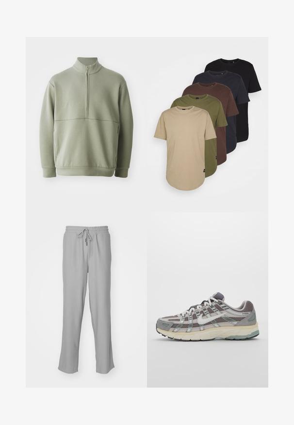 Light green, long-sleeve pullover with a high collar and half zipper. Soft texture with a horizontal seam detail across the chest.; Five t-shirts arranged in gradient colors: beige, olive, brown, dark blue, and black. Made of soft cotton with short sleeves and round neck.; Gray ribbed jogger pants with an elastic waistband and adjustable drawstring. Features side pockets and a relaxed fit through the legs.; Gray athletic shoe featuring a mesh and suede upper, white accents, a cushioned sole, and a distinctive design with reflective elements.