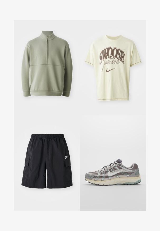 Šviesiai žalias, ilgos rankovės megztinis su aukšta apykakle ir pusiau užtrauktuku. Minkšta tekstūra su horizontalia siūle per krūtinę.; Šviesiai geltona medvilninė marškinė, turinti laisvą siluetą, su rudos spalvos grafiniu užrašu "SWOOSH" ir "tiesiog daryk tai", taip pat su Nike swoosh logotipu.; Nike juodi cargo šortai, pagaminti iš lengvos medžiagos, su elastingu juosmeniu, šoninėmis kišenėmis ir balta Nike logotipu kairiajame šlaunyje.; Pilkas sportinis batas su tinklu ir zomšos viršutine dalimi, baltomis detalėmis, paminkštintu padu ir išskirtiniu dizainu su atspindinčiais elementais.