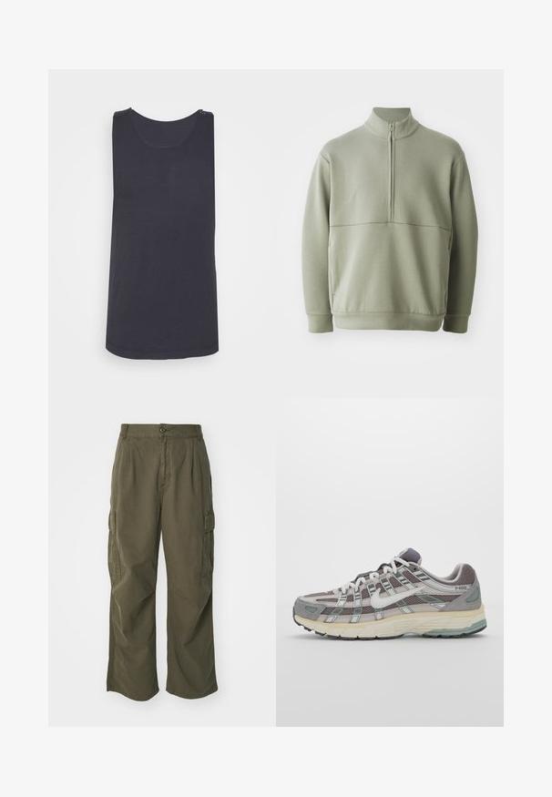 Svetlo zeleni pulover z dolgimi rokavi, visokim ovratnikom in polnim zadrgo. Mehak material z vodoravno šivano podrobnostjo čez prsi.; Črna brezrokavnica s krožnim izrezom, izdelana iz gladkega materiala, z diskretno teksturo in ukrivljenim robom na dnu.; Kargo hlače v olivno zeleni barvi, izdelane iz bombaža, s širokim krojem, nabranimi detajli in stranskimi žepi za praktičnost.; Sive športne čevlje z zgornjim delom iz mrežastega in semiš materiala, belimi akcenti, oblazinjenim podplatom ter edinstvenim dizajnom z odsevnimi elementi.