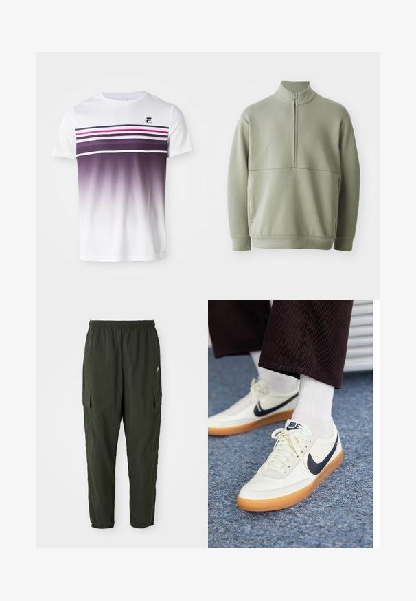 Lys grønn, langermet genser med høy krage og halv glidelås. Myk tekstur med horisontal sømdetalj over brystet.; Hvit t-skjorte med korte ermer, prydet med horisontale lilla og rosa striper, gradienteffekt fra mørk lilla til hvit, F-logo på øvre venstre.; Mørkegrønne cargo-bukser lavet af letvægtsstof, med elastisk talje, tætsiddende ben og sidelommer med klapper.; Nike-sneakers i hvitt lær med en marineblå swoosh, med en såle av gummigummi og hvite snører, parret med hvite sokker og mørke corduroybukser.