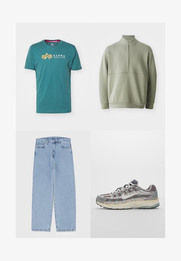 Ljusgrön, långärmad tröja med hög krage och halvmått. Mjuk textur med en horisontell sömdetalj över bröstet.; Teal bomullströja med korta ärmar. Har en guldfärgad logotyp och texten "ALPHA INDUSTRIES" framtill. Klassisk rund halsringning.; Ljusblå denimjeans med rak bendesign, midjehög midja, fem fickor samt knapp- och dragkedjestängning.; Grå atletiska sko med en överdel av mesh och mocka, vita accenter, en vadderad sula och en unik design med reflekterande element.