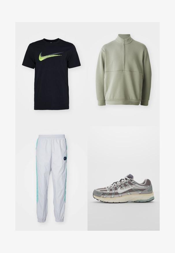 Světlá zelená mikina s dlouhým rukávem, vysokým límečkem a půlzipem. Měkká textura s horizontálním švem přes hruď.; Černé tričko s krátkým rukávem vyrobené z bavlny, s velkým zeleným a šedým logem Nike na přední straně a kulatým výstřihem.; Bílé tepláky s světle akvamarínovým bočním panelem, elastickým pasem, nařasenými náplety a kulatým černým logem na pravém stehně.; Šedá sportovní obuv s vrchní částí z mikrovlákna a semiše, bílými akcenty, polstrovanou podrážkou a jedinečným designem s reflexními prvky.