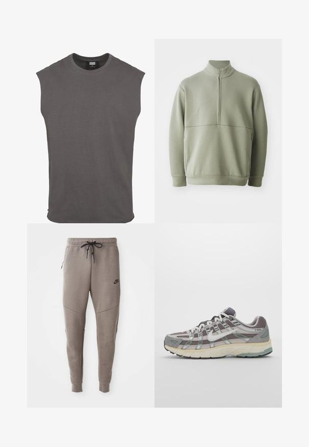 Light green, long-sleeve pullover with a high collar and half zipper. Soft texture with a horizontal seam detail across the chest.; Short-sleeve gray cotton t-shirt with a crew neckline and a relaxed fit. Plain design, soft texture, no patterns or visible hardware.; Gray Nike sweatpants with a drawstring waistband, tapered legs, side pockets, and distinct seam detailing. Soft, textured fabric.; Gray athletic shoe featuring a mesh and suede upper, white accents, a cushioned sole, and a distinctive design with reflective elements.