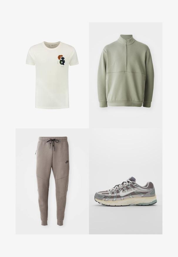 Světlá zelená mikina s dlouhým rukávem, vysokým límečkem a půlzipem. Měkká textura s horizontálním švem přes hruď.; Krémový bavlněný tričko s kulatým výstřihem a krátkými rukávy. Výrazná vyšívaná grafika v tmavě zelené, hnědé a černé barvě na hrudi.; Šedé Nike tepláky s elastickým pasem na šňůrku, zúženými nohavicemi, bočními kapsami a charakteristickým švem. Měkká, strukturovaná tkanina.; Šedá sportovní obuv s vrchní částí z mikrovlákna a semiše, bílými akcenty, polstrovanou podrážkou a jedinečným designem s reflexními prvky.