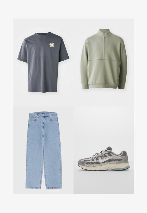 Light green, long-sleeve pullover with a high collar and half zipper. Soft texture with a horizontal seam detail across the chest.; Gray short-sleeve t-shirt made of cotton with a small floral graphic on the chest. Crew neck design, soft texture, and relaxed fit.; Light blue denim jeans with straight leg design, featuring a mid-rise waist, five pockets, and a button and zipper closure.; Gray athletic shoe featuring a mesh and suede upper, white accents, a cushioned sole, and a distinctive design with reflective elements.