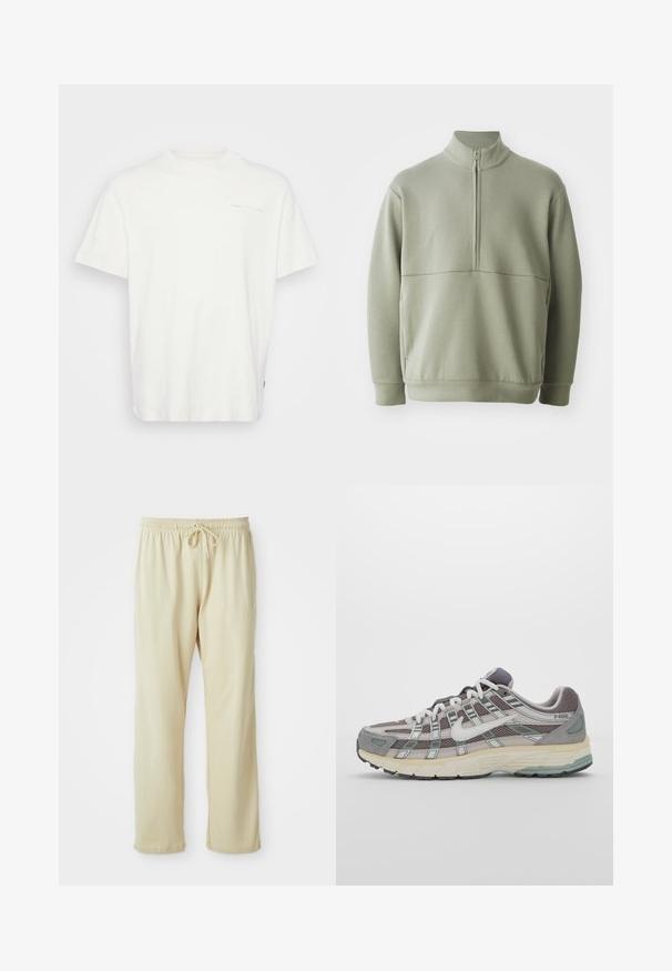 Pulover lung cu mânecă lungă, de culoare verde deschis, cu guler înalt și fermoar pe jumătate. Textură moale cu un detaliu de cusătură orizontală pe piept.; Tricou alb din bumbac cu guler rotund, mâneci scurte și un mic logo imprimat pe față. Prezintă o ajustare lejeră și o textură netedă.; Pantaloni de trening bej deschis, cu talie cu șnur, picioare conice și o textură moale. Prezintă un logo discret al brandului pe partea inferioară a piciorului.; Pantofii sport gri sunt realizați dintr-un amestec de plasă și piele întoarsă, cu accente albe, o talpă bine îmbrăcată și un design distinctiv cu elemente reflectorizante.