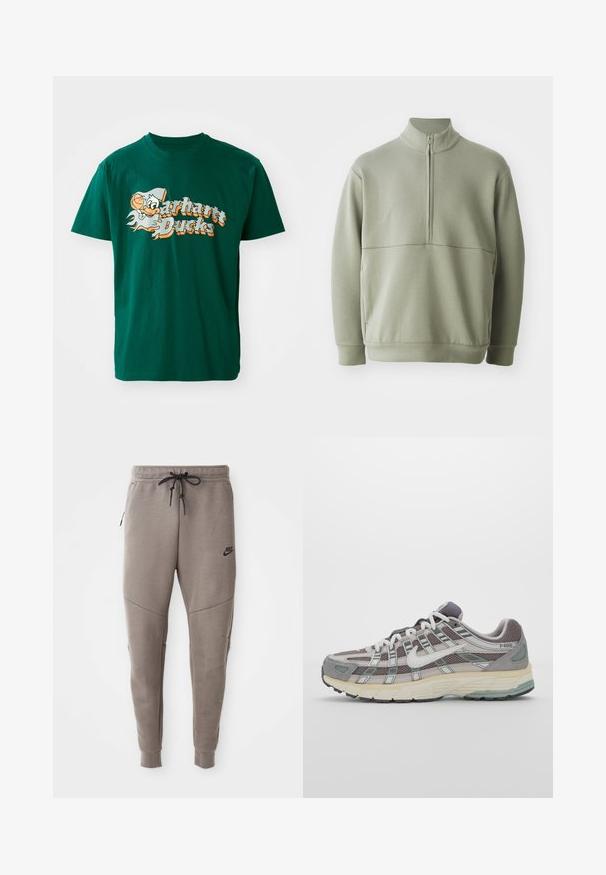 Suéter de manga larga verde claro con un cuello alto y media cremallera. Textura suave con un detalle de costura horizontal en el pecho.; Camiseta verde de algodón con un diseño gráfico que presenta a "Bucks", un personaje de dibujos animados, y una pelota de baloncesto, impresa en naranja y blanco.; Pantalones de chándal grises de Nike con cintura ajustable, piernas ajustadas, bolsillos laterales y costuras distintivas. Tejido suave y texturizado.; Zapatilla deportiva gris con parte superior de malla y ante, acentos blancos, suela acolchada y un diseño distintivo con elementos reflectantes.