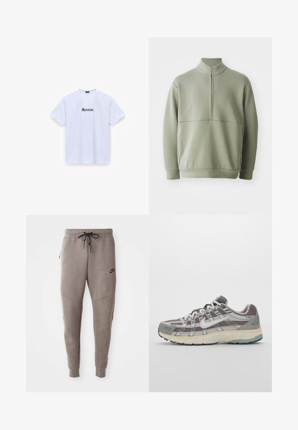 Vaaleanvihreä pitkähihainen neulepusero, jossa on korkea kaulus ja puoli vetoketju. Pehmeä pinta ja vaakasuora sauman yksityiskohta rinnassa.; Valkoinen puuvillapaita lyhyillä hihoilla, pyöreä kaula-aukko, etupuolella musta tyylitelty teksti "Wonderful". Sileä pinta, normaali mitoitus.; Harmaat Nike-juoksuhousut, joissa on kiristysnyöri vyötäröllä, kapeat lahkeet, sivutaskut ja erottuva sauman yksityiskohtaisuus. Pehmeä, tekstuuri kangas.; Harmaa urheilukenkä, jossa on verkko- ja mokkanahkainen yläosa, valkoiset yksityiskohdat, pehmustettu pohja ja erottuva muotoilu heijastavilla elementeillä.