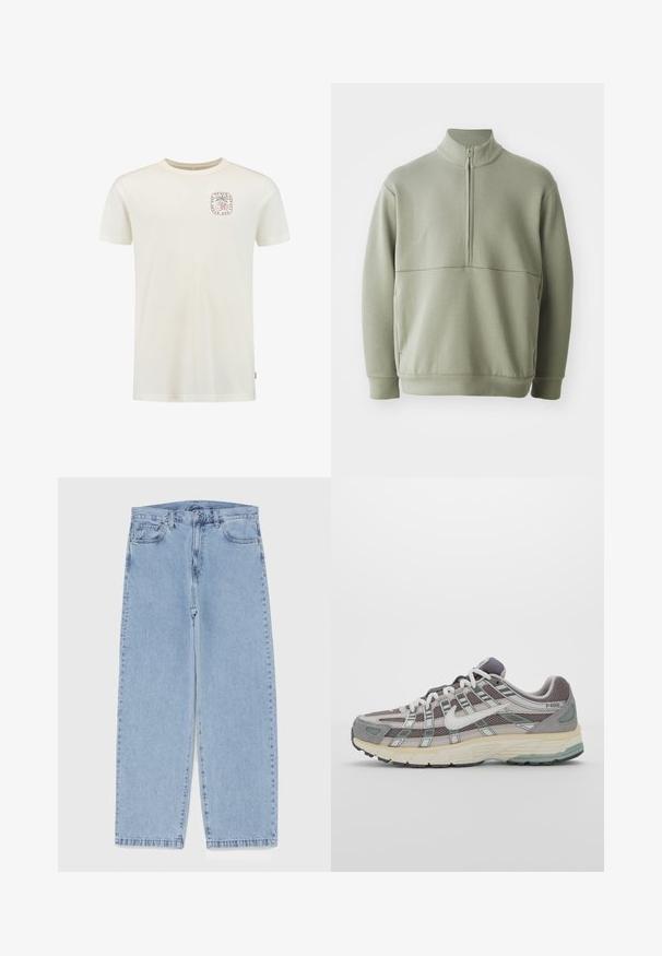 Šviesiai žalias, ilgos rankovės megztinis su aukšta apykakle ir pusiau užtrauktuku. Minkšta tekstūra su horizontalia siūle per krūtinę.; Kremo spalvos medvilnės marškinėliai su apvaliu iškirptimu ir trumpomis rankovėmis. Kairėje krūtinės pusėje yra spausdintas logotipas. Jų paviršius lygus.; Šviesiai mėlyni džinsai su tiesiomis kojomis, turintys vidutinio aukščio juosmenį, penkias kišenes ir mygtuko bei užtrauktuko uždarymą.; Pilkas sportinis batas su tinklu ir zomšos viršutine dalimi, baltomis detalėmis, paminkštintu padu ir išskirtiniu dizainu su atspindinčiais elementais.