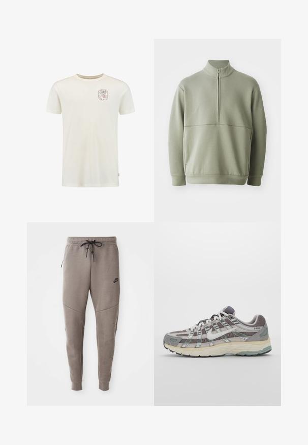 Heledad rohelise, pika varrukaga kootud särk kõrge kraega ja pooltaskuga. Pehme tekstuur, millel on horisontaalne õmbluse detail rinnaosas.; Kreemjate värvi puuvillane t-särk ümarate kaelustega ja lühikeste varrukatega. Vasakul rinnal on trükitud logo. Sile tekstuur.; Hallide Nike dressipüksid, millel on nööriga vöökoht, kitsenevad sääred, küljetaskud ja eristuv õmbluse detail. Pehme, tekstureeritud kangas.; Hallus hallitus jalanõud, millel on võrgust ja sametist ülemine osa, valged rõhutused, pehme tald ning eristuv disain peegelduvate elementidega.