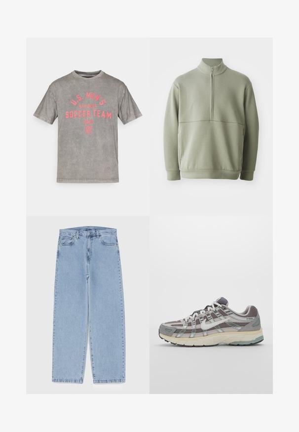 Lys grønn, langermet genser med høy krage og halv glidelås. Myk tekstur med horisontal sømdetalj over brystet.; Grå bomulls-T-skjorte med teksten "U.S. MEN'S NATIONAL SOCCER TEAM 2026" i sterk rosa, rund hals, korte ermer, slitt tekstur.; Lyseblå denimjeans med rett ben-design, med mid-rise liv, fem lommer og knap og lynlås lukning.; Grå treningssko med overdel i nett og semsket skinn, hvite detaljer, en polstret såle, og et særpreget design med reflekterende elementer.