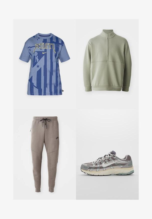Pull vert clair à manches longues avec un col montant et une fermeture éclair mi-longue. Texture douce avec un détail de couture horizontale sur la poitrine.; T-shirt en coton bleu avec un design graphique présentant le texte "ATLET" en jaune, des accents marine et des motifs d'étoiles et de formes géométriques.; Pantalon de survêtement gris Nike avec une taille élastique à cordon de serrage, des jambes fuselées, des poches latérales et un détail de couture distinct. Tissu doux et texturé.; Chaussure de sport grise avec une tige en mesh et en daim, accents blancs, semelle rembourrée et un design distinctif avec des éléments réfléchissants.