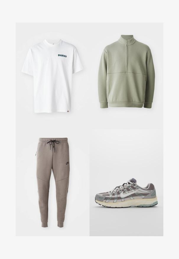 Světlá zelená mikina s dlouhým rukávem, vysokým límečkem a půlzipem. Měkká textura s horizontálním švem přes hruď.; Bílý bavlněný tričko s krátkým rukávem, s zeleným textem "DICKIES" na přední straně. Rovný střih a malá logo nášivka na lemu.; Šedé Nike tepláky s elastickým pasem na šňůrku, zúženými nohavicemi, bočními kapsami a charakteristickým švem. Měkká, strukturovaná tkanina.; Šedá sportovní obuv s vrchní částí z mikrovlákna a semiše, bílými akcenty, polstrovanou podrážkou a jedinečným designem s reflexními prvky.