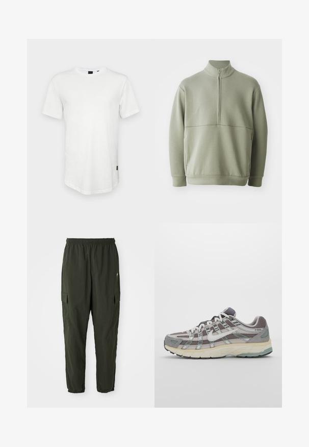 Světlá zelená mikina s dlouhým rukávem, vysokým límečkem a půlzipem. Měkká textura s horizontálním švem přes hruď.; Bílý tričko s krátkým rukávem vyrobené z bavlny, s kulatým výstřihem a mírně prodlouženým zadním dílem, s malým logem na boku.; Tmavě zelené cargo kalhoty vyrobené z lehké látky, s elastickým pásem, taperovanými nohavicemi a postranními kapsami se klopami.; Šedá sportovní obuv s vrchní částí z mikrovlákna a semiše, bílými akcenty, polstrovanou podrážkou a jedinečným designem s reflexními prvky.