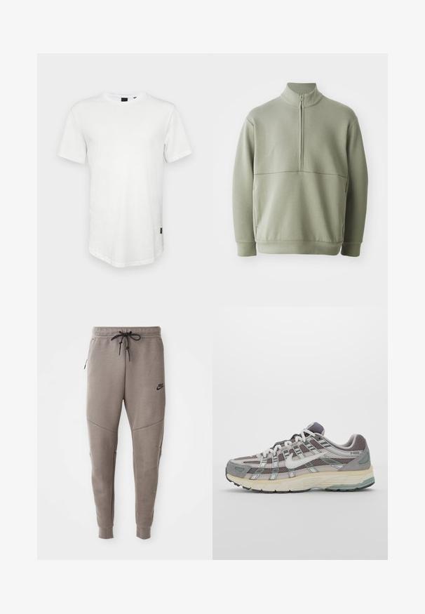 Svetlozelený, dlhý rukáv pulóver s vysokým golierom a polovičným zipsom. Mäkká textúra s horizontálnym švom cez hruď.; Biele tričko s krátkym rukávom vyrobené z bavlny, s okrúhlym výstrihom a mierne predĺženým zadným dielom, s malým logom na boku.; Sivé tepláky Nike s nastaviteľným pásom, zúženými nohavicami, bočnými vreckami a výrazným švom. Mäkká, textúrovaná látka.; Šedá športová obuv so zvrškom z nylonu a semišu, bielymi akcentmi, polstrovanou podrážkou a jedinečným dizajnom s reflexnými prvkami.