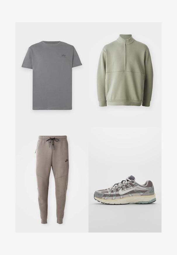 Gaiši zaļš, garām piedurknēm, džemperis ar augstu apkakli un pusi rāvējslēdzēju. Mīksta tekstūra ar horizontālu šuvju detaļu krūšu rajonā.; Pelēka kokvilnas T-kreklu ar apaļu kakla izgriezumu un īsām piedurknēm. Iezīmēta ar mazu melnu logotipu kreisajā krūtīs. Gluda tekstūra.; Pelēki Nike sporta bikses ar aukliņu viduklī, sašaurinātiem galiem, sānu kabatām un izteiktām šuvēm. Mīksta, teksturēta auduma.; Pelēkie sporta apavi ar tīkla un zamša augšdaļu, baltiem akcentiem, mīkstinātu zoli un izcilu dizainu ar atstarotājiem.