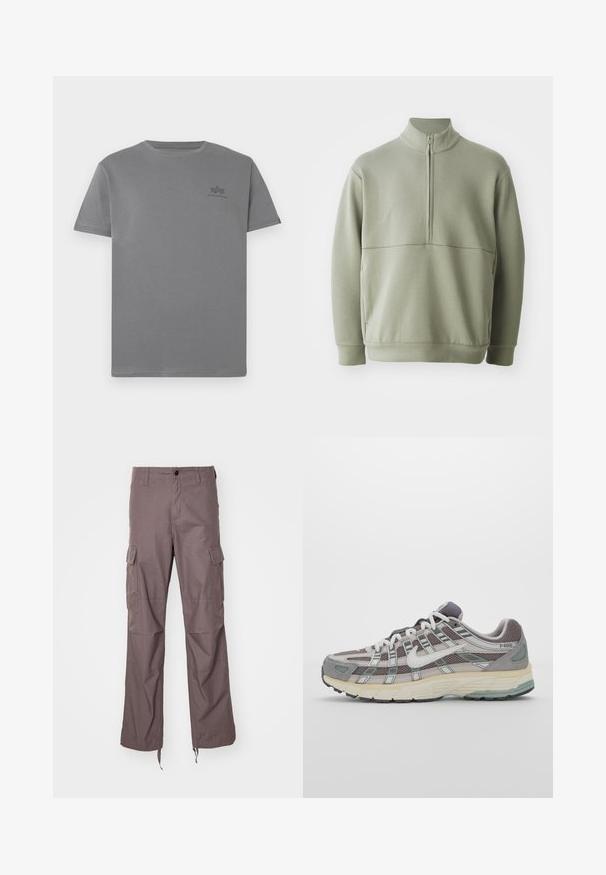 Pullover verde claro de mangas longas com colarinho alto e fecho de correr de meio comprimento. Textura suave com um detalhe de costura horizontal na zona do peito.; T-shirt cinza de algodão com decote redondo e mangas curtas. Apresenta um pequeno logotipo preto na área do peito esquerdo. Textura suave.; Calças cargo em tecido taupe texturizado, com múltiplos bolsos laterais, um design de perna reta e tiras ajustáveis na bainha.; Sapatilha atlética cinza com parte superior em malha e camurça, detalhes brancos, sola acolchoada e um design distinto com elementos refletivos.