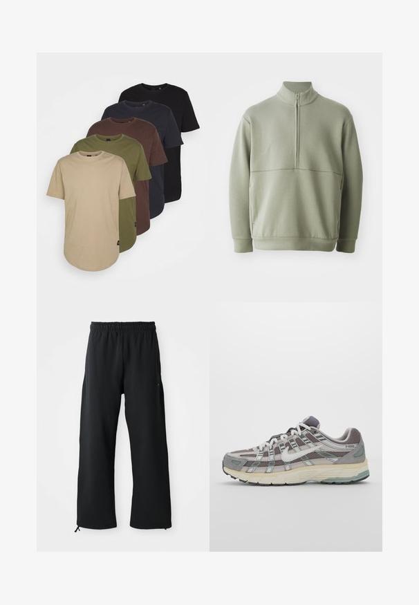 Light green, long-sleeve pullover with a high collar and half zipper. Soft texture with a horizontal seam detail across the chest.; Five t-shirts arranged in gradient colors: beige, olive, brown, dark blue, and black. Made of soft cotton with short sleeves and round neck.; Black wide-leg pants made of soft fabric, featuring an elastic waistband and drawstring, with side pockets and a smooth texture.; Gray athletic shoe featuring a mesh and suede upper, white accents, a cushioned sole, and a distinctive design with reflective elements.