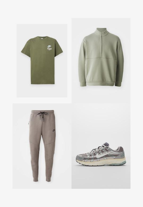 Light green, long-sleeve pullover with a high collar and half zipper. Soft texture with a horizontal seam detail across the chest.; Olive green cotton t-shirt with short sleeves, crew neck, and white printed text: "NIKE AUTHORIZED PERSONNEL ONLY" on the front.; Gray Nike sweatpants with a drawstring waistband, tapered legs, side pockets, and distinct seam detailing. Soft, textured fabric.; Gray athletic shoe featuring a mesh and suede upper, white accents, a cushioned sole, and a distinctive design with reflective elements.