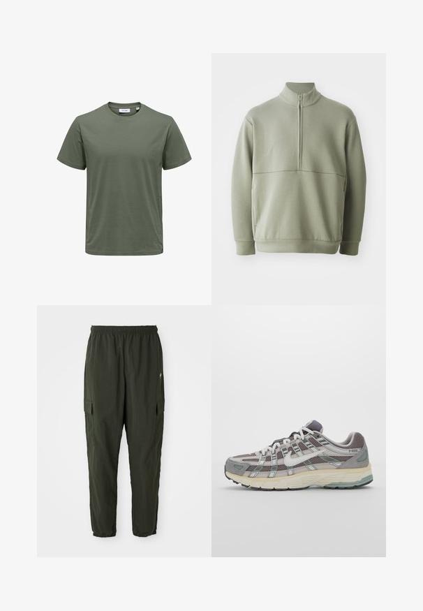 Suéter de manga larga verde claro con un cuello alto y media cremallera. Textura suave con un detalle de costura horizontal en el pecho.; Camiseta de manga corta verde oliva hecha de una tela suave, con cuello redondo y un corte regular con un dobladillo recto.; Pantalones cargo verde oscuro hechos de una tela ligera, con cintura elástica, piernas ajustadas y bolsillos laterales con solapas.; Zapatilla deportiva gris con parte superior de malla y ante, acentos blancos, suela acolchada y un diseño distintivo con elementos reflectantes.
