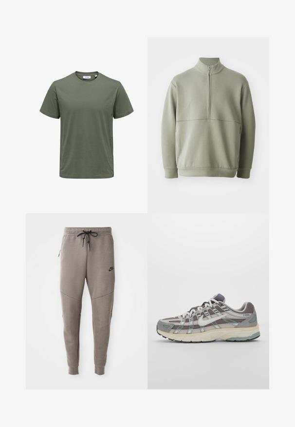 Pullover verde chiaro a maniche lunghe con colletto alto e mezza cerniera. Texture morbida con un dettaglio a cucitura orizzontale sulla parte anteriore.; T-shirt verde oliva a maniche corte realizzato in un tessuto morbido, con scollo rotondo e vestibilità regolare con orlo dritto.; Pantaloni sportivi Nike grigi con cintura regolabile, gambe affusolate, tasche laterali e dettagli di cucitura distintivi. Tessuto morbido e texture.; Scarpa sportiva grigia con tomaia in mesh e suede, dettagli bianchi, suola ammortizzata e un design distintivo con elementi riflettenti.